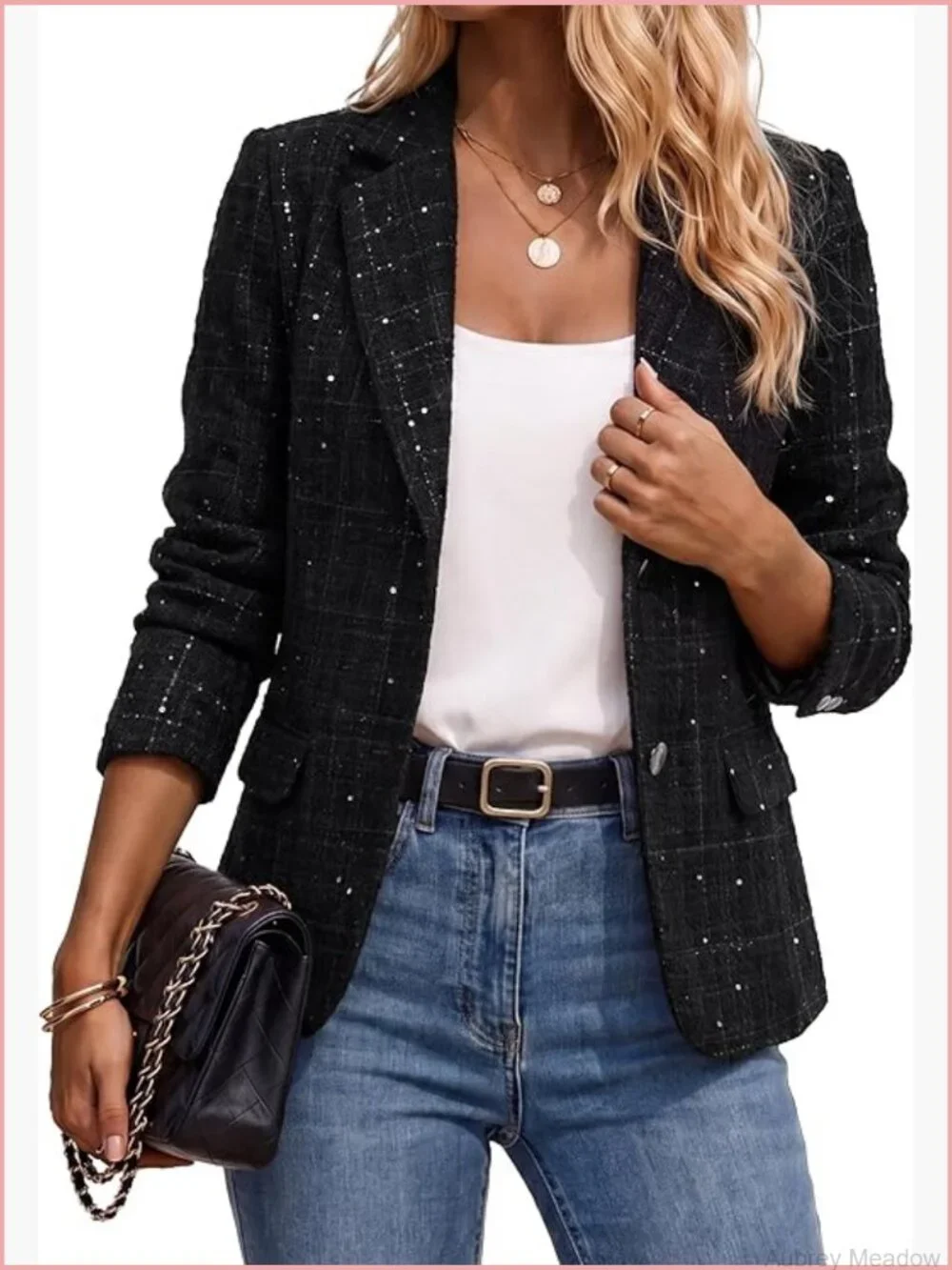Tweed Blazer Jacket Long Sleeve Open Front Sequin Plaid Business Office Blazer